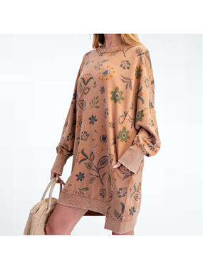 Easel Oversized Floral Print Terry Knit Tunic Dress in Natural Size S
